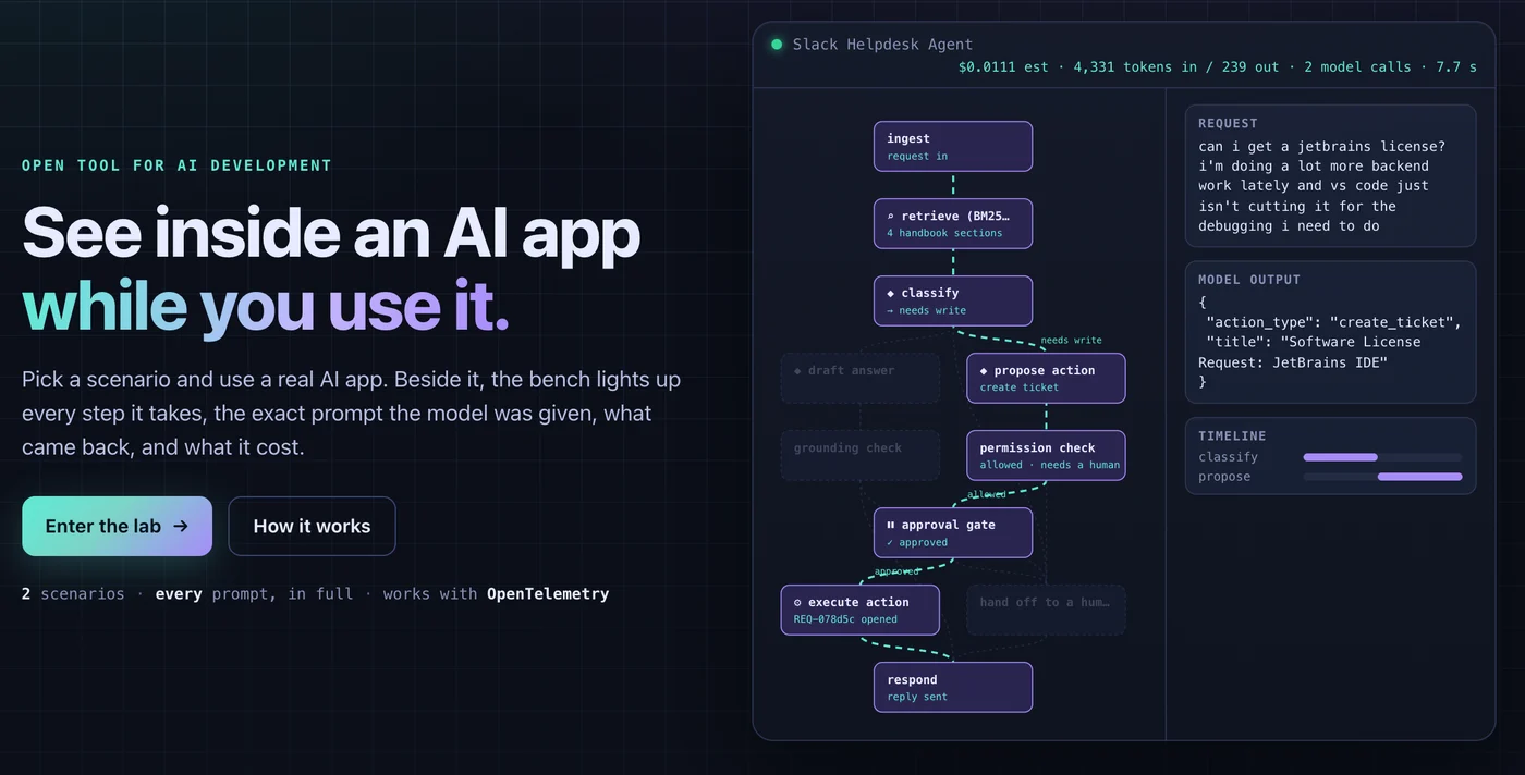 The Agent Lab front page: “See inside an AI app while you use it.” beside the live bench